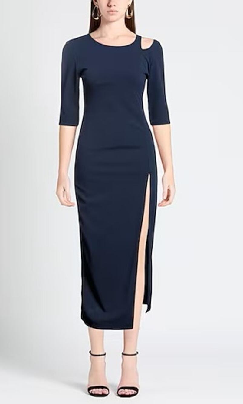 Vanessa Scott Navy Blue Midi Dress Shoulder Cut Out Slit Detail Size Large NWT